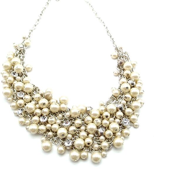 Rhinestone & Faux Pearl Cluster Bib Necklace on Silver-tone Chain - Picture 9 of 15